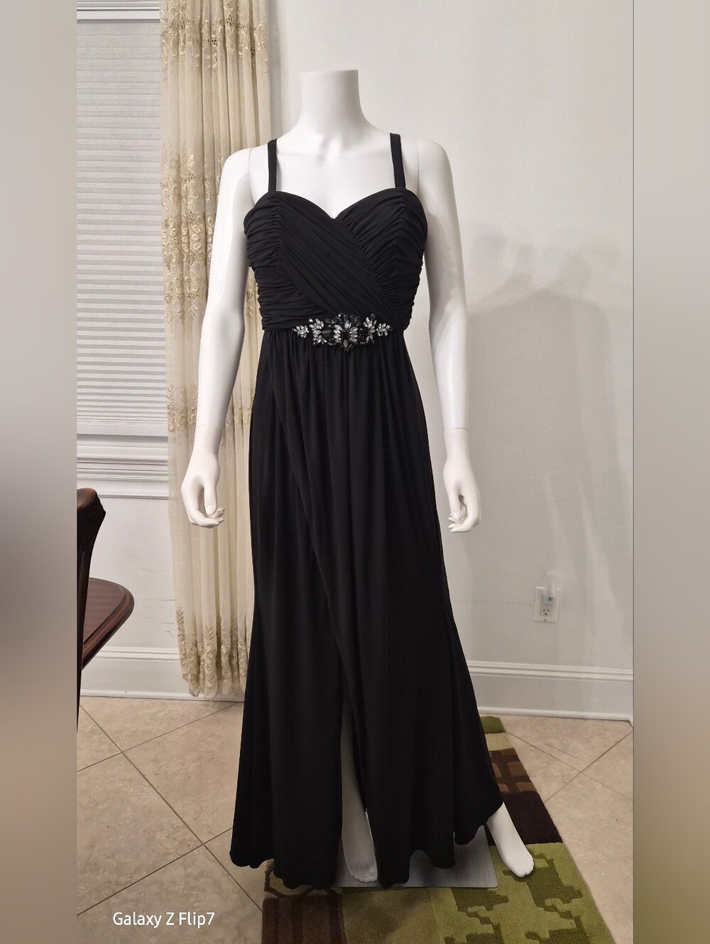 NWT Terani Couture Black Ruched Bodice Maxi Dress with Jewel Waist
